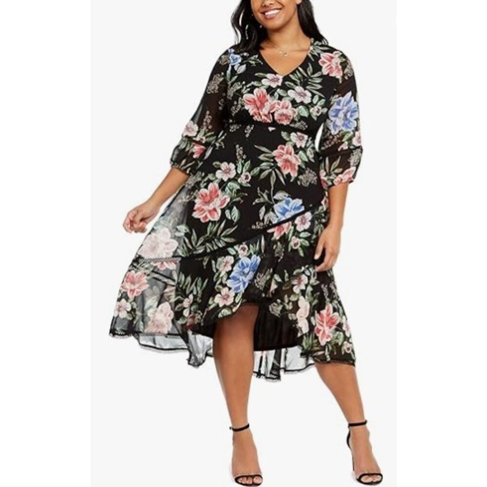 Black Floral V-Neck Chiffon Midi Dress with Ruffled High-Low Hem